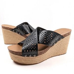 Lucky Brand Neeka Black Leather Platform Espadrille Sandals Size 10